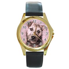 Dog Pet Terrier Art Abstract Round Gold Metal Watch by Celenk