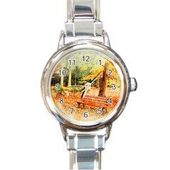 Tree Park Bench Art Abstract Round Italian Charm Watch by Celenk