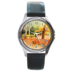 Tree Park Bench Art Abstract Round Metal Watch by Celenk