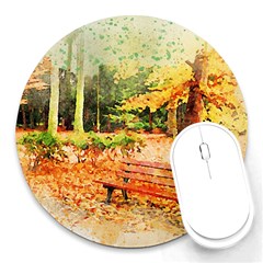 Tree Park Bench Art Abstract Round Mousepads by Celenk