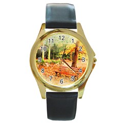 Tree Park Bench Art Abstract Round Gold Metal Watch by Celenk