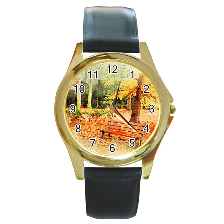 Tree Park Bench Art Abstract Round Gold Metal Watch