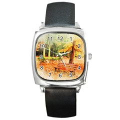 Tree Park Bench Art Abstract Square Metal Watch by Celenk