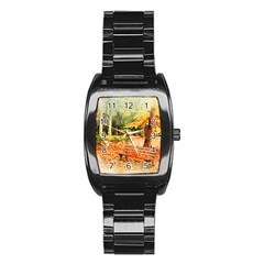 Tree Park Bench Art Abstract Stainless Steel Barrel Watch by Celenk