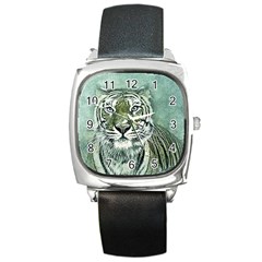 Tiger Cat Art Abstract Vintage Square Metal Watch by Celenk