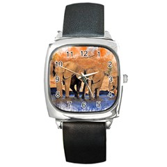 Elephants Animal Art Abstract Square Metal Watch by Celenk