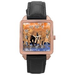 Elephants Animal Art Abstract Rose Gold Leather Watch  by Celenk