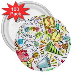 Doodle New Year Party Celebration 3  Buttons (100 Pack)  by Celenk