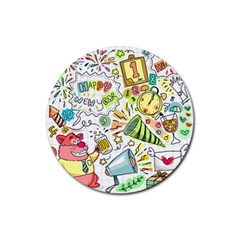 Doodle New Year Party Celebration Rubber Round Coaster (4 Pack)  by Celenk