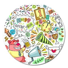 Doodle New Year Party Celebration Magnet 5  (round) by Celenk