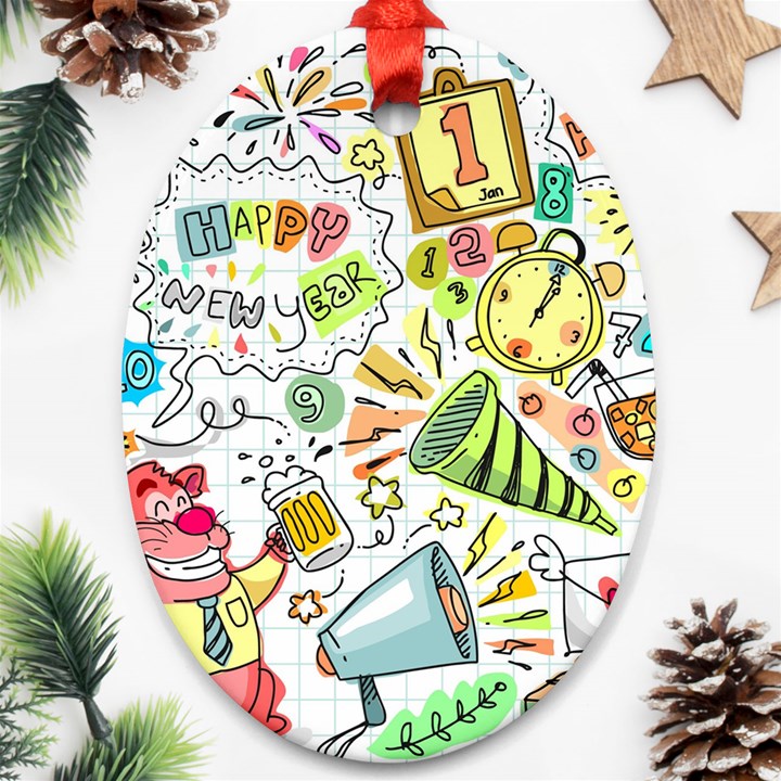 Doodle New Year Party Celebration Oval Ornament (Two Sides)