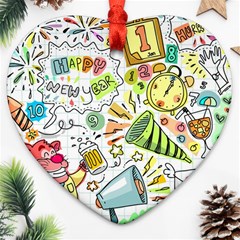 Doodle New Year Party Celebration Heart Ornament (two Sides) by Celenk