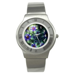 Fractal Painting Blue Floral Stainless Steel Watch by Celenk