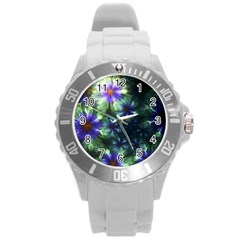 Fractal Painting Blue Floral Round Plastic Sport Watch (l) by Celenk