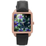 Fractal Painting Blue Floral Rose Gold Leather Watch  Front