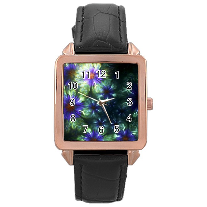 Fractal Painting Blue Floral Rose Gold Leather Watch 