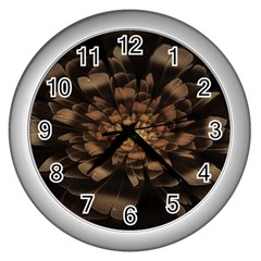 Fractal Flower Floral Bloom Brown Wall Clocks (silver)  by Celenk