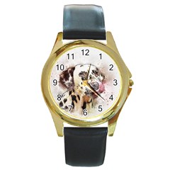 Dog Portrait Pet Art Abstract Round Gold Metal Watch by Celenk