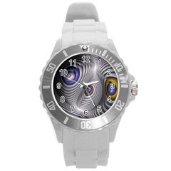 Fractal Silver Warp Pattern Round Plastic Sport Watch (l) by Celenk