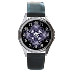 Fractal Blue Denim Stained Glass Round Metal Watch by Celenk