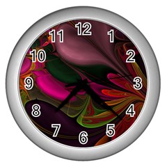 Fractal Abstract Colorful Floral Wall Clocks (silver)  by Celenk