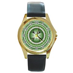 Fractal Mandala Green Purple Round Gold Metal Watch by Celenk