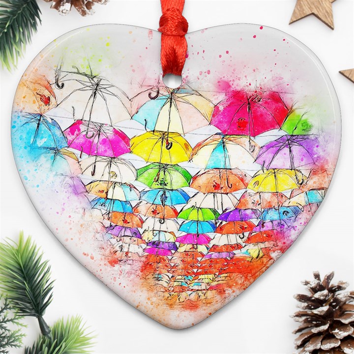 Umbrella Art Abstract Watercolor Heart Ornament (Two Sides)