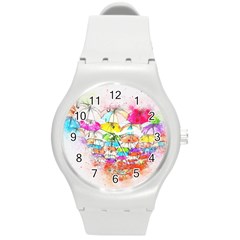 Umbrella Art Abstract Watercolor Round Plastic Sport Watch (m) by Celenk