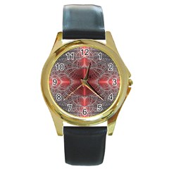 Fractal Diamond Circle Pattern Round Gold Metal Watch by Celenk