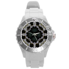 Fractal Aqua Silver Pattern Round Plastic Sport Watch (l) by Celenk