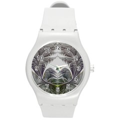 Fractal White Design Pattern Round Plastic Sport Watch (M)