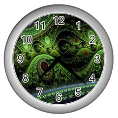 Fractal Green Gears Fantasy Wall Clocks (silver)  by Celenk