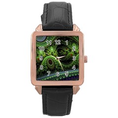 Fractal Green Gears Fantasy Rose Gold Leather Watch  by Celenk