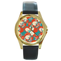 Floral Asian Vintage Pattern Round Gold Metal Watch by NouveauDesign