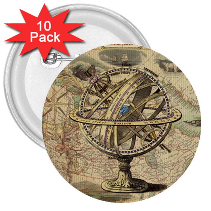 Map Compass Nautical Vintage 3  Buttons (10 pack) 