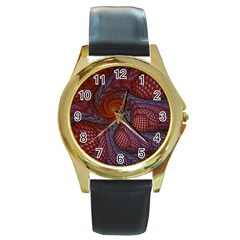 Fractal Red Fractal Art Digital Art Round Gold Metal Watch