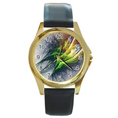 Fractal Art Paint Pattern Texture Round Gold Metal Watch by Celenk