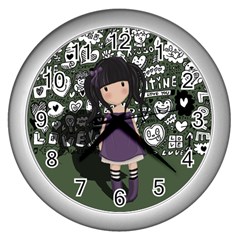 Dolly Girl In Purple Wall Clocks (silver)  by Valentinaart