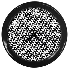 White Line Wave Black Pattern Wall Clocks (black) by Celenk