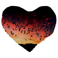 Sunset Dusk Silhouette Sky Birds Large 19  Premium Flano Heart Shape Cushions by Celenk