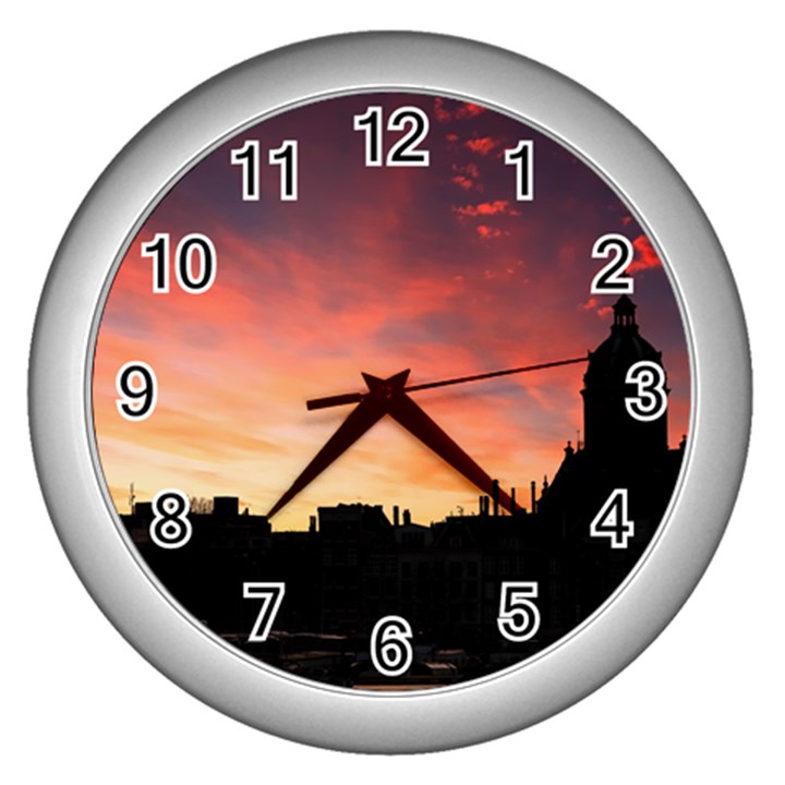 Sunset Silhouette Sun Sky Evening Wall Clocks (Silver) 