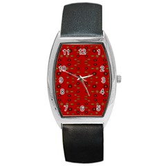 Brown Circle Pattern On Red Barrel Style Metal Watch by BrightVibesDesign