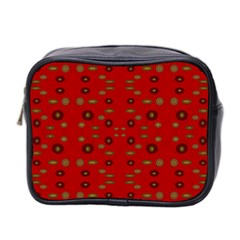 Brown Circle Pattern On Red Mini Toiletries Bag 2-side by BrightVibesDesign