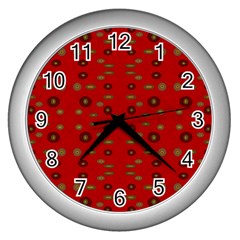 Brown Circle Pattern On Red Wall Clocks (silver)  by BrightVibesDesign