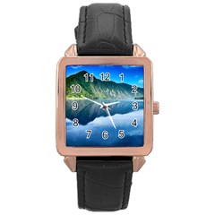 Mountain Water Landscape Nature Rose Gold Leather Watch  by Celenk