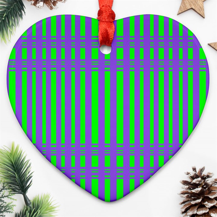 Bright Green Purple Stripes Pattern Heart Ornament (Two Sides)