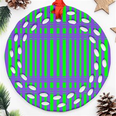 Bright Green Purple Stripes Pattern Ornament (round Filigree) by BrightVibesDesign