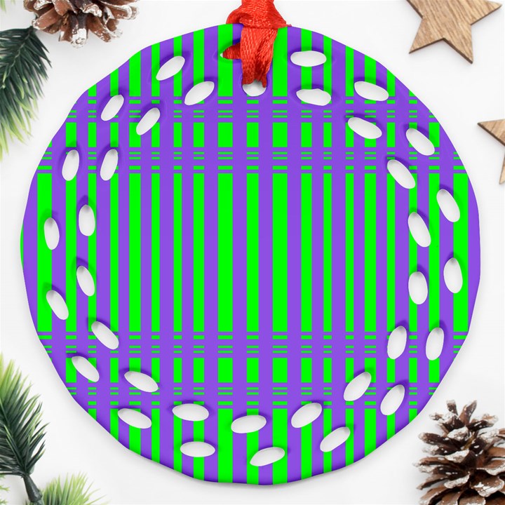 Bright Green Purple Stripes Pattern Ornament (Round Filigree)