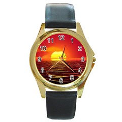 Sunset Ocean Nature Sea Landscape Round Gold Metal Watch by Celenk