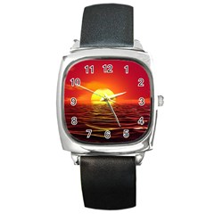 Sunset Ocean Nature Sea Landscape Square Metal Watch by Celenk